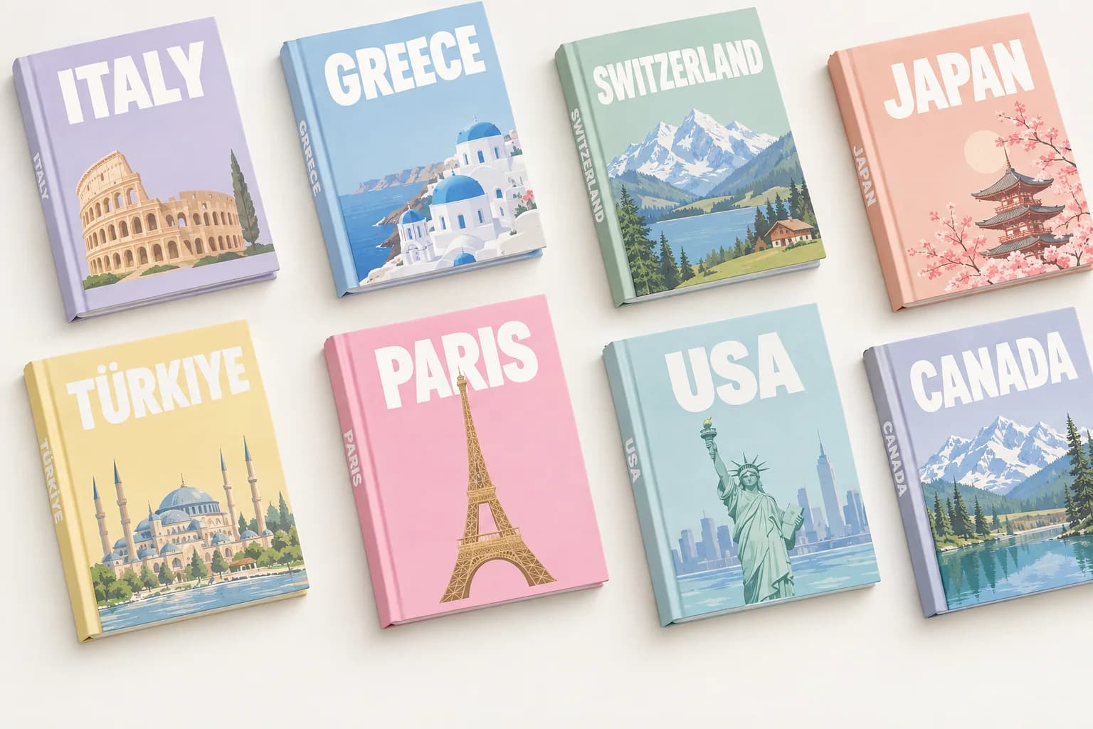 Eight pastel Mimfoto covers laid out in a grid: Italy, Greece, Switzerland, Japan, Türkiye, Paris, USA and Canada