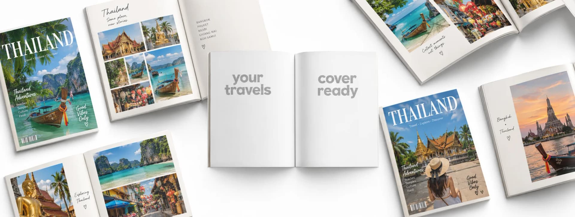Open Thailand photobook spreads and covers laid out around a blank pair of pages